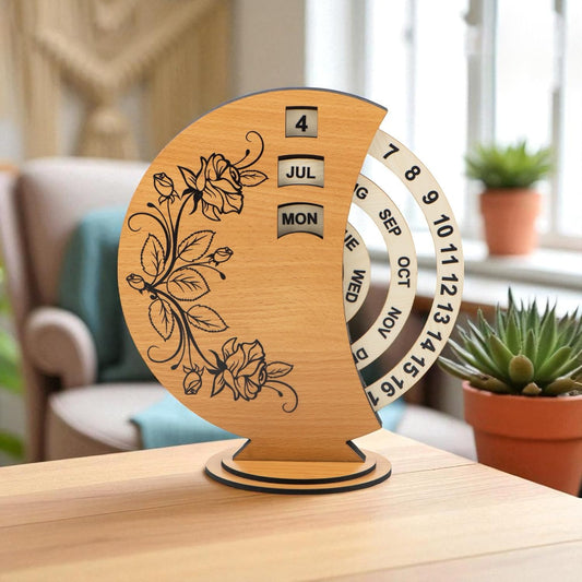 Ramkudi Jhamkudi Wooden Perpetual Calendar for Desk | Floral Print Design | Made in India | Reusable Lifetime Table Calendar for Office, Home, Study, Gifting | Minimal Aesthetic Decor Piece (STYLE C)