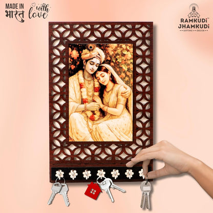 Ramkudi Jhamkudi™ Peaceful Radha Krishna Wooden Key Holder – 2 Layer Premium MDF, 7 SS Hooks – Elegant Spiritual Wall Décor – Made in India