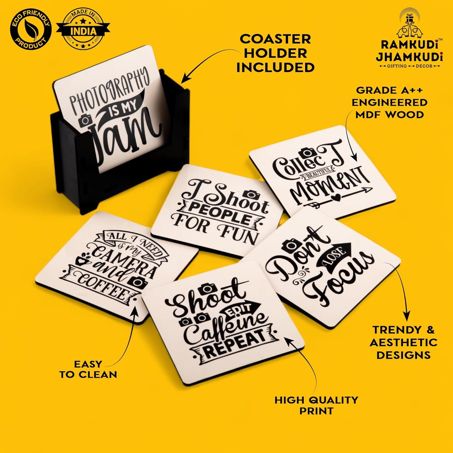 Ramkudi Jhamkudi Wooden Coasters Set of 6 with Holder | Photography Quote Coasters for Tea Coffee | Gift for Photographers & Creators | Desk & Table Décor | Made in India Drink Mats