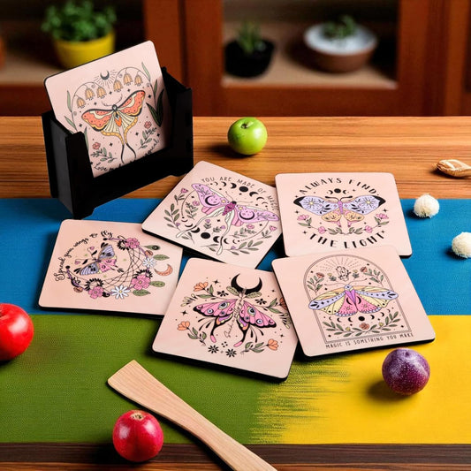 Wooden Coasters Set of 6 with Holder | Boho Style Table Coasters for Tea Coffee | Aesthetic Home Décor Drink Mats | Eco-Friendly & Reusable | Made in India for All Occasions