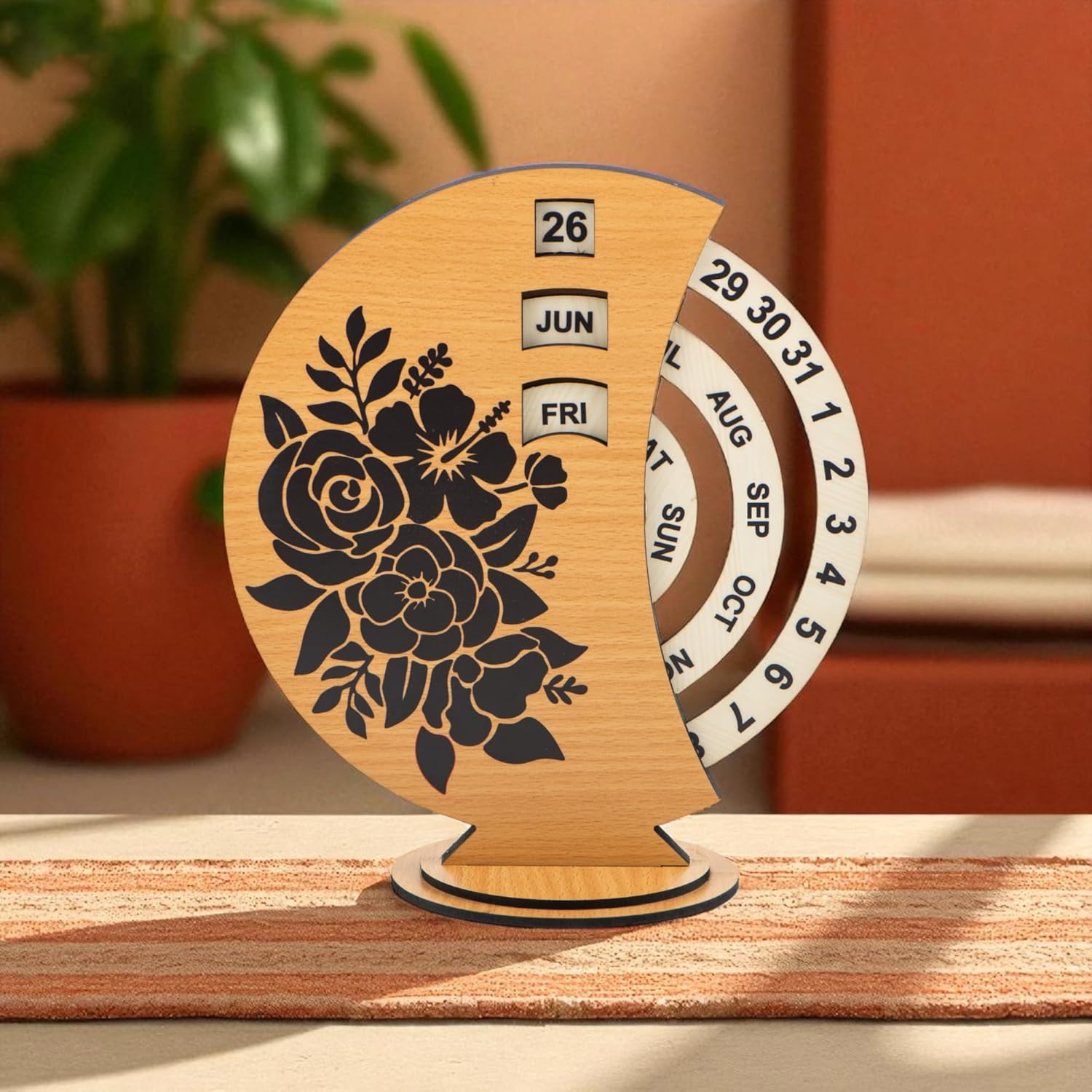 Ramkudi Jhamkudi Wooden Perpetual Calendar for Desk | Floral Print Design | Made in India | Reusable Lifetime Table Calendar for Office, Home, Study, Gifting | Minimal Aesthetic Decor Piece (STYLE A)