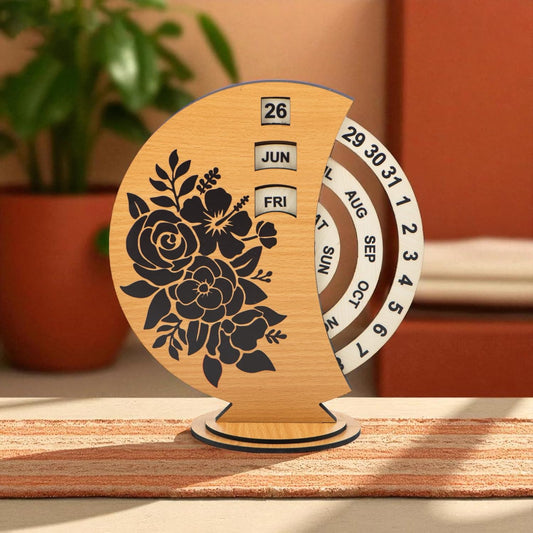 Ramkudi Jhamkudi Wooden Perpetual Calendar for Desk | Floral Print Design | Made in India | Reusable Lifetime Table Calendar for Office, Home, Study, Gifting | Minimal Aesthetic Decor Piece (STYLE A)