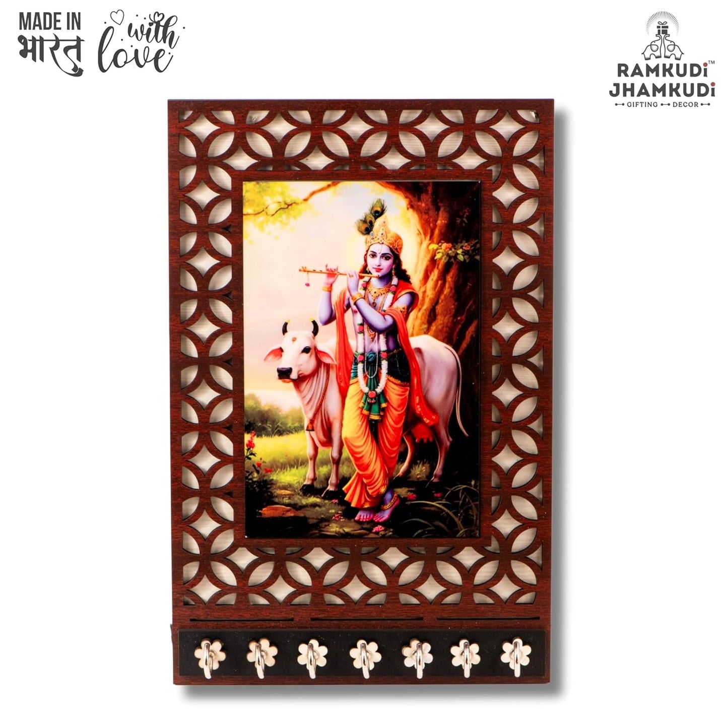 Ramkudi Jhamkudi™ Krishna with Cow Wooden Key Holder – Premium 2 Layer MDF, 7 SS Hooks – Charming Indian Wall Décor & Gifting – Made in India