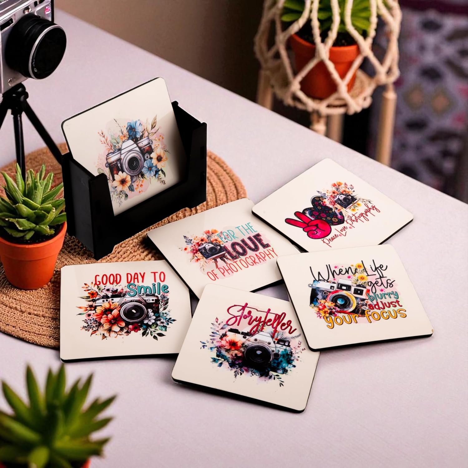 Wooden Coasters Set of 6 with Holder | Colorful Camera-Themed Coasters for Tea Coffee | Vibrant Table Mats for Photographers, Studios & Work Desks | Eco-Friendly | Made in India | Gift for Creatives