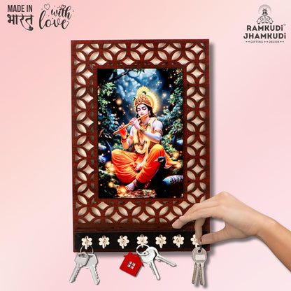 Ramkudi Jhamkudi™ Premium Wooden Krishna Playing Flute with Peacock Key Holder for Wall – 2 Layer MDF, 7 Stainless Steel Hooks, Peaceful Indian Design, Home Decor & Gifting – Made in India