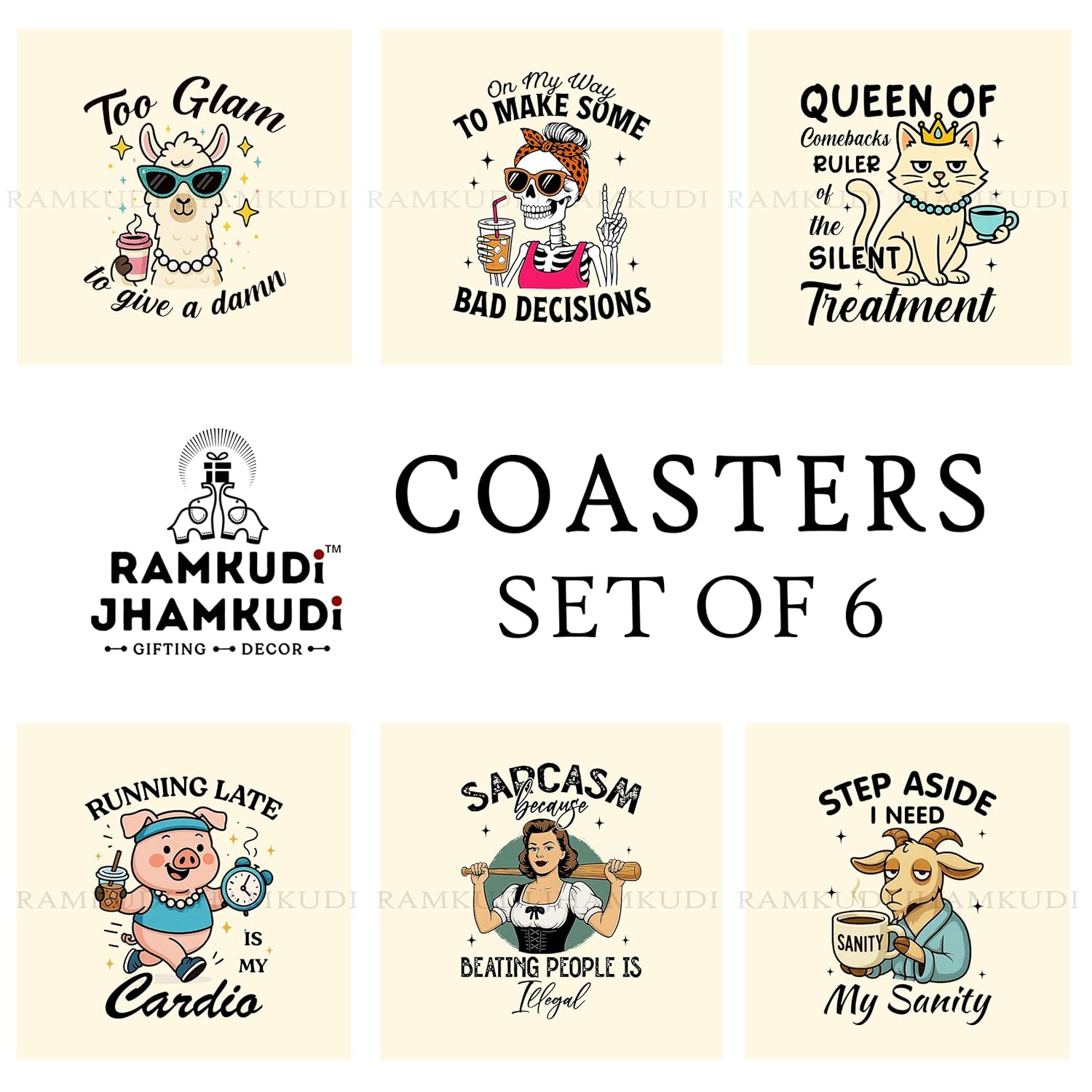 Ramkudi Jhamkudi Wooden Coasters Set of 6 with Sarcastic & Quirky Quotes – Printed Coaster Set with Holder – Funky Home & Office Decor – Eco-Friendly, Made in India, Gift-Ready