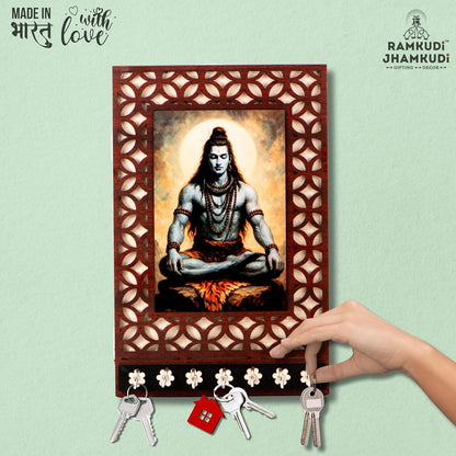 Ramkudi Jhamkudi™ Premium Wooden Meditating Lord Shiva Key Holder for Wall – 2 Layer MDF, 7 Stainless Steel Hooks, Exclusive Indian Design, Home Decor & Gifting – Made in India