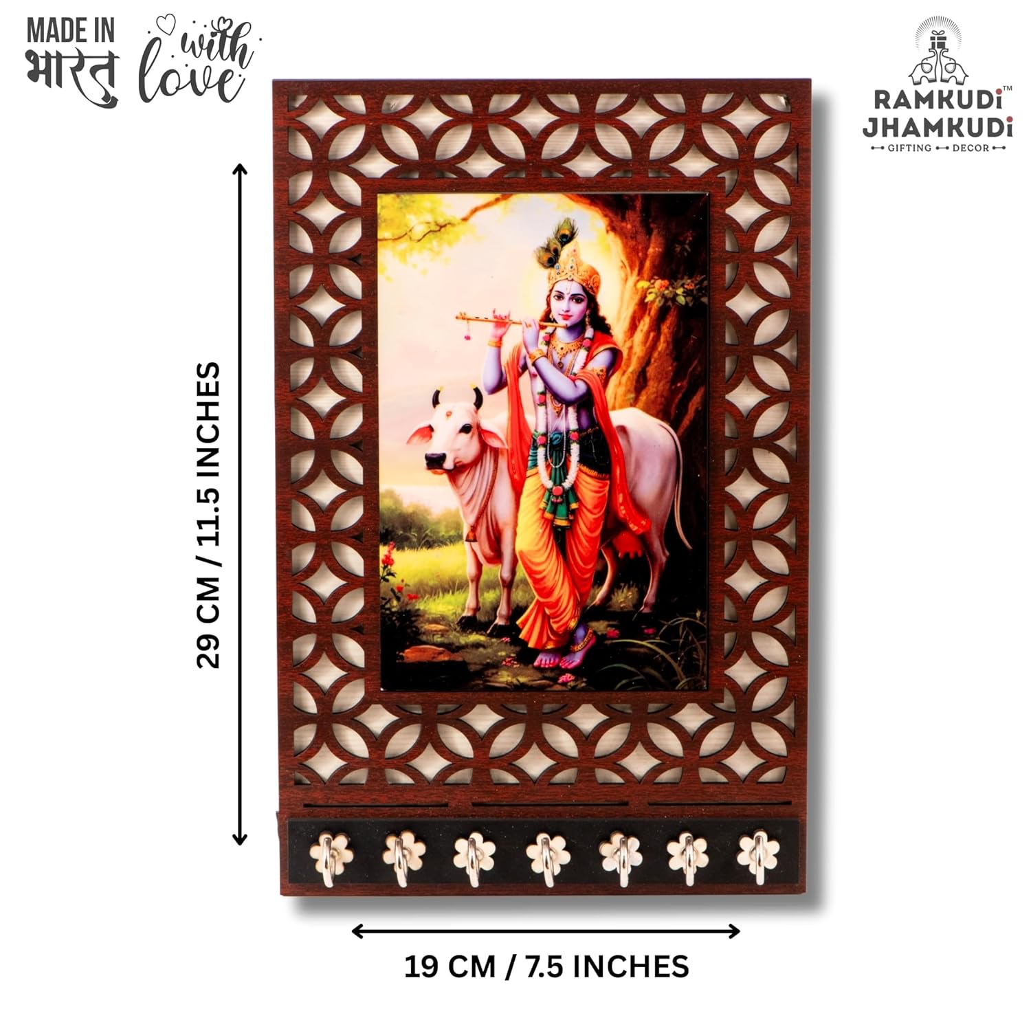Ramkudi Jhamkudi™ Krishna with Cow Wooden Key Holder – Premium 2 Layer MDF, 7 SS Hooks – Charming Indian Wall Décor & Gifting – Made in India