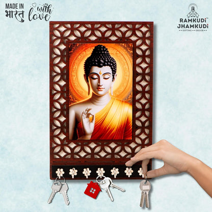 Ramkudi Jhamkudi™ Buddha Wooden Key Holder – 2 Layer Premium MDF, 7 SS Hooks – Peaceful & Elegant Wall Décor – Made in India