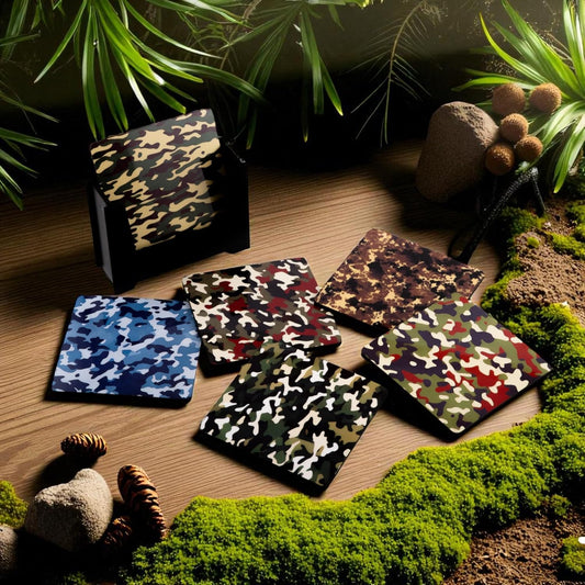 Wooden Coasters Set of 6 with Holder | Camo-Themed Coasters for Wildlife Photographers & Filmmakers | Rugged Eco-Friendly Drink Mats | Made in India | Adventure Decor Gift for Nature & Outdoor Lovers