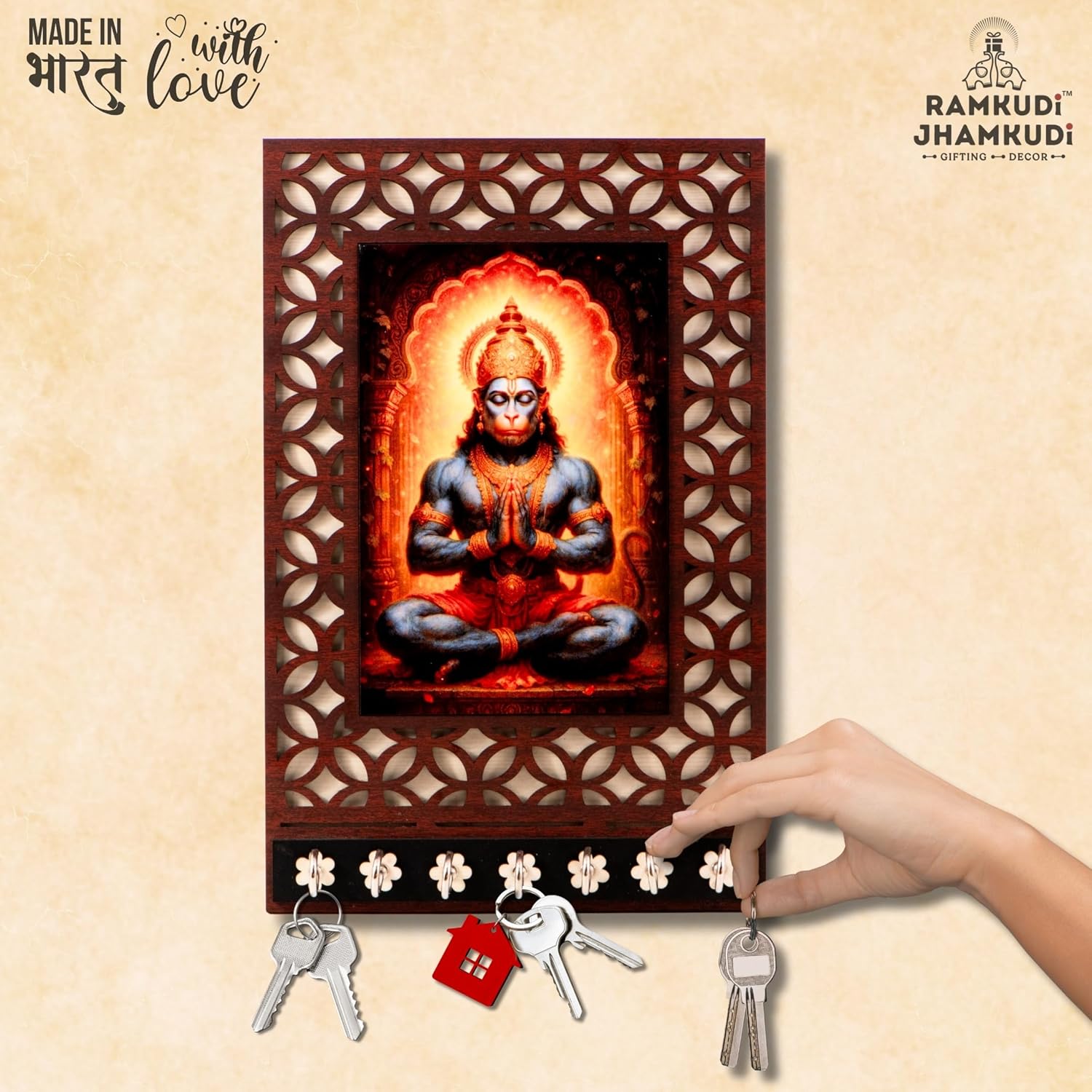 Ramkudi Jhamkudi™ Premium Wooden Lord Hanuman Key Holder for Wall – 2 Layer MDF, 7 Stainless Steel Hooks, Unique Devotional Design, Home Decor & Gifting – Made in India