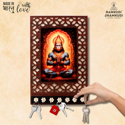 Ramkudi Jhamkudi™ Premium Wooden Lord Hanuman Key Holder for Wall – 2 Layer MDF, 7 Stainless Steel Hooks, Unique Devotional Design, Home Decor & Gifting – Made in India