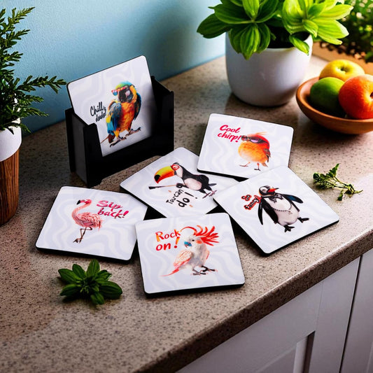 Wooden Coasters Set of 6 with Holder | Cool Bird-Themed Tea Coffee Coasters | Colorful Table Mats for Home & Kitchen | Eco-Friendly | Made in India | Nature-Inspired Gift for Bird Lovers