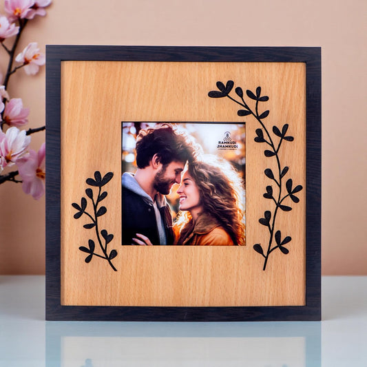 Personalized Wooden Photo Frame | Tabletop & Wall Hanging Décor | Engraved Floral Design | Anniversary, Wedding & Valentine Gift for Couples