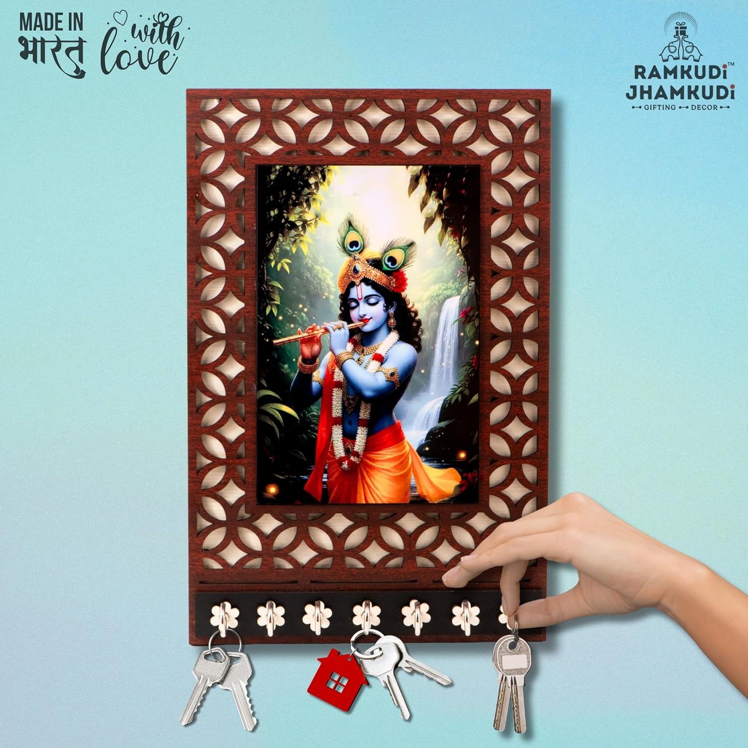 Ramkudi Jhamkudi™ Premium Wooden Krishna Playing Flute Key Holder for Wall – 2 Layer MDF, 7 Stainless Steel Hooks, Unique Indian Design, Home Decor & Gifting – Made in India
