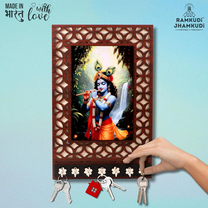 Ramkudi Jhamkudi™ Premium Wooden Krishna Playing Flute Key Holder for Wall – 2 Layer MDF, 7 Stainless Steel Hooks, Unique Indian Design, Home Decor & Gifting – Made in India