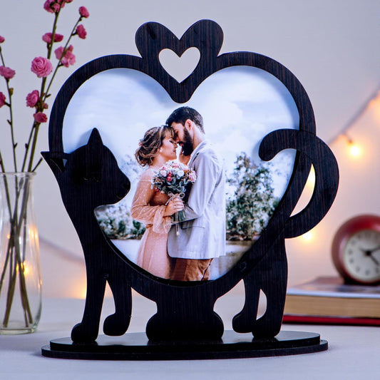 Personalized Heart Photo Frame Showpiece | Wooden Tabletop Love Décor | Cute Couple Design | Valentine, Anniversary & Wedding Gift for Couples