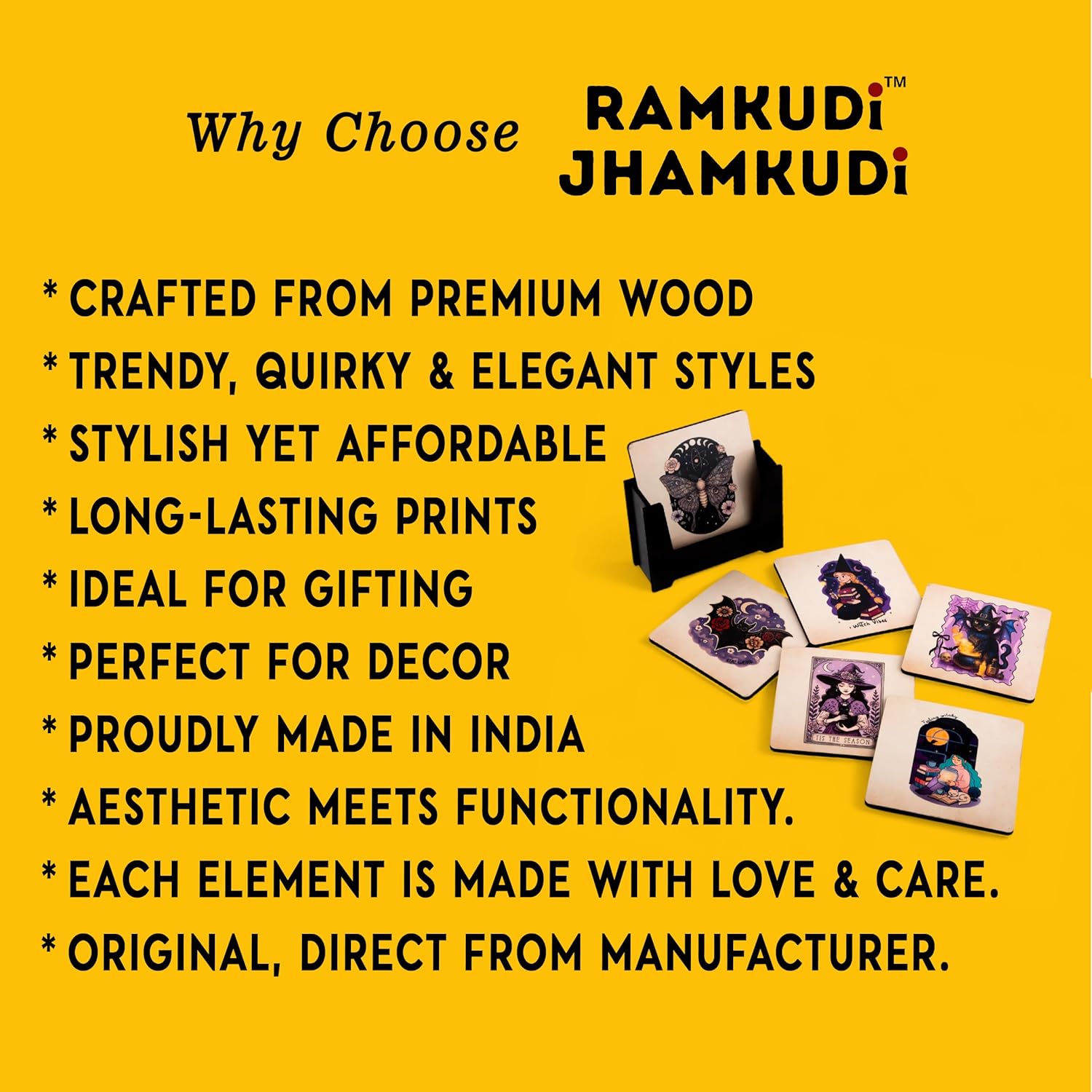 Ramkudi Jhamkudi Wooden Coasters Set of 6 with Spooky Designs – Gothic Printed Coaster Set with Holder – Halloween & Dark Aesthetic Home Decor – Eco-Friendly, Made in India