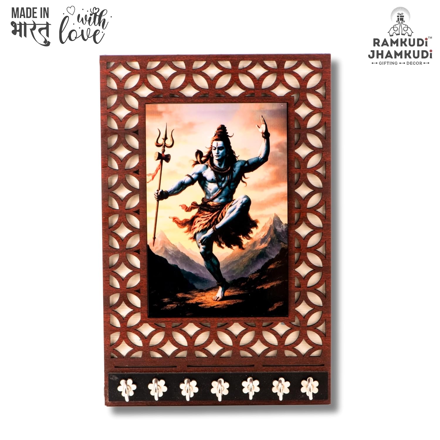 Ramkudi Jhamkudi™ Shiva Tandav Wooden Key Holder – 2 Layer Premium MDF, 7 SS Hooks – Bold & Devotional Wall Décor – Made in India