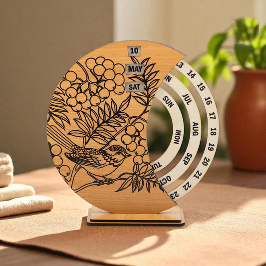 Ramkudi Jhamkudi Wooden Perpetual Calendar for Desk | Floral Print Design | Made in India | Reusable Lifetime Table Calendar for Office, Home, Study, Gifting | Minimal Aesthetic Decor Piece (STYLE B)