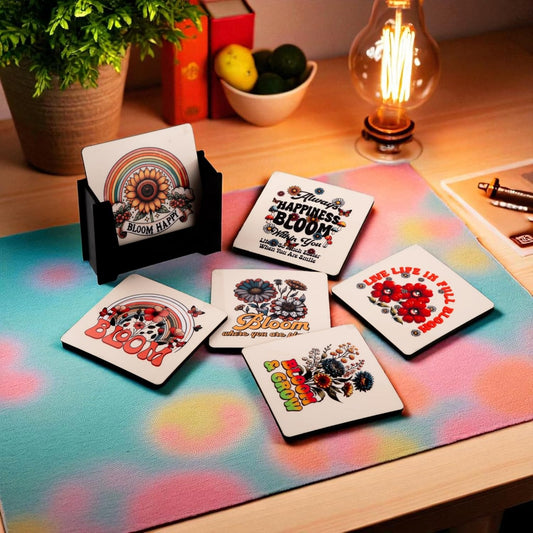 Ramkudi Jhamkudi Wooden Coaster Set – Bloom Happy Quotes Design | Positive, Stylish & Aesthetic Table Decor | Great Gift for Home, Office, Coffee Table | Made in India