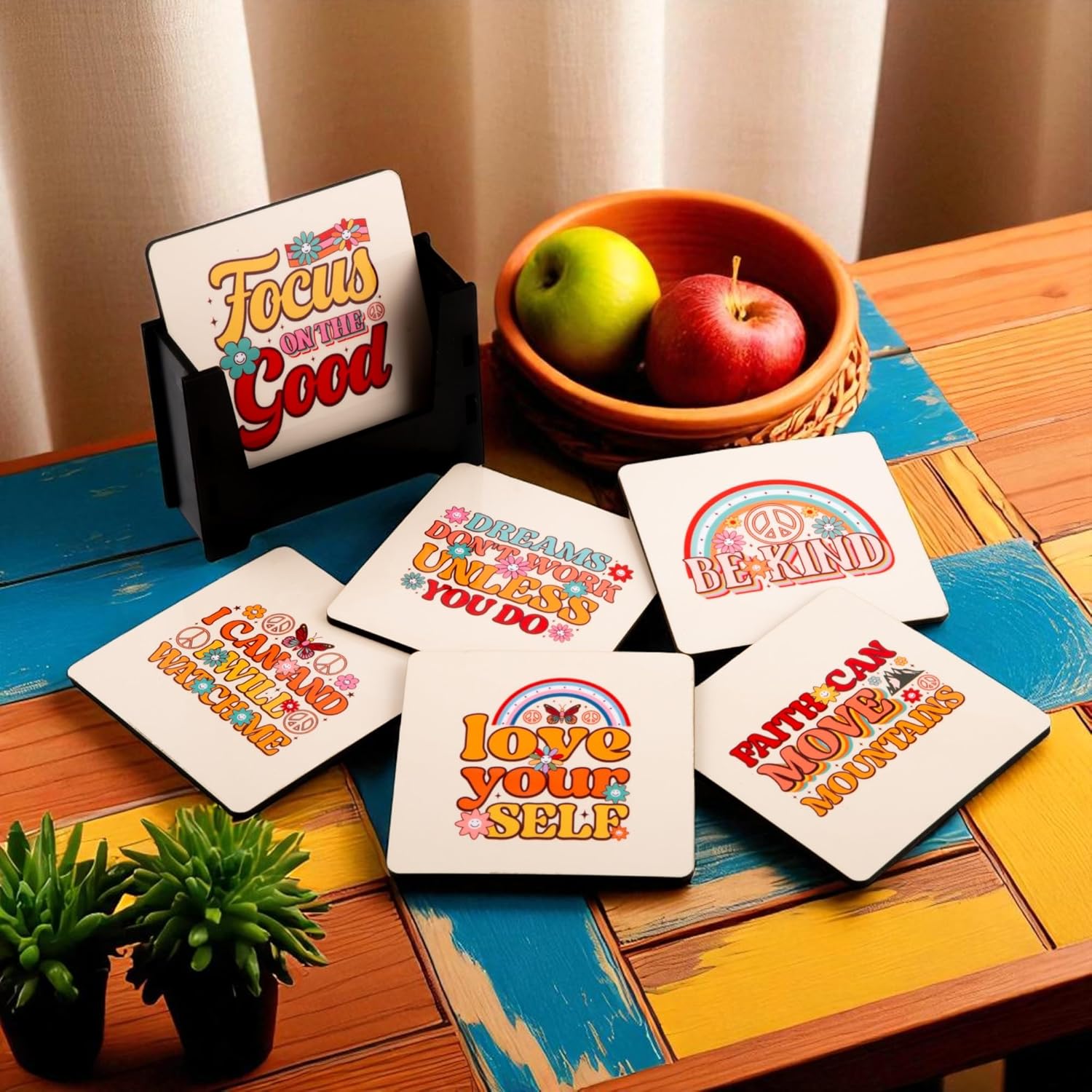 Wooden Coasters Set of 6 with Holder | Positive & Motivational Quote Coasters for Tea Coffee | Uplifting Table Mats for Home Office Desk | Made in India | Thoughtful Gift for All Occasions