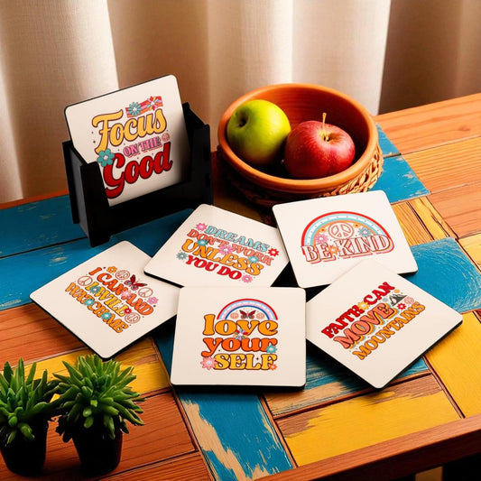 Wooden Coasters Set of 6 with Holder | Positive & Motivational Quote Coasters for Tea Coffee | Uplifting Table Mats for Home Office Desk | Made in India | Thoughtful Gift for All Occasions