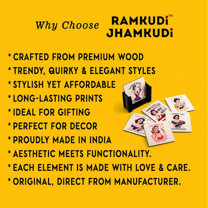 Wooden Coasters Set of 6 with Holder | Fun & Quirky Quote Coasters for Tea Coffee | Bold, Playful Table Mats for Home, Office & Desk | Eco-Friendly | Made in India | Gift for Women Who Keep It Real