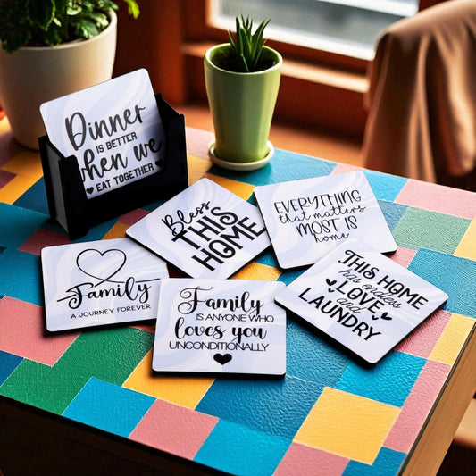 Wooden Coasters Set of 6 with Holder | Home & Family Quote Coasters for Tea Coffee | Heartwarming Drink Mats for Living Room & Dining | Made in India | Gift for Housewarming & Loved Ones
