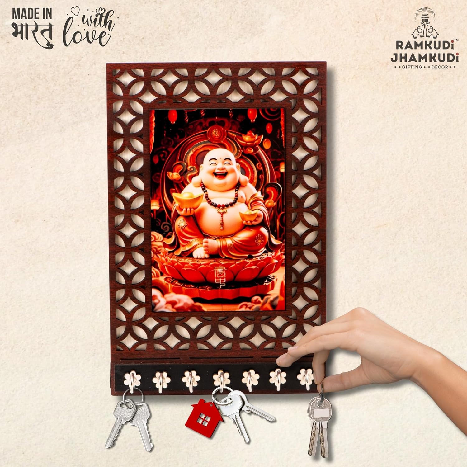 Ramkudi Jhamkudi™ Laughing Buddha Wooden Key Holder – Premium 2 Layer MDF, 7 SS Hooks – Positive Energy Wall Décor & Gifting – Made in India