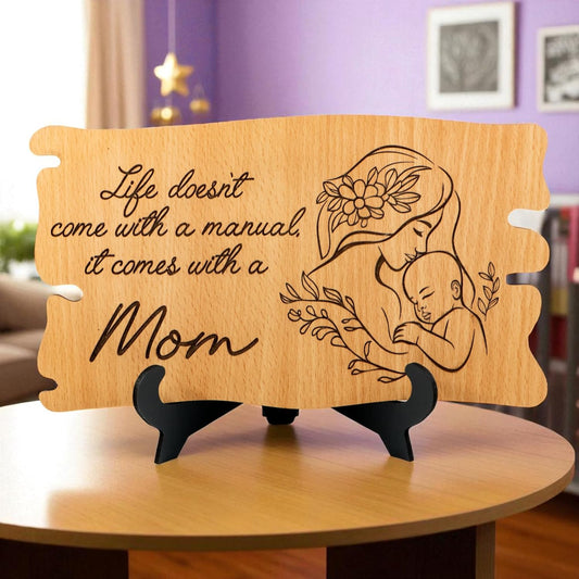 Ramkudi Jhamkudi™ Mom Quote Wooden Plaque with Stand – Premium MDF, Laser Engraved Cute Design, Trendy Mom Gift, Made in India