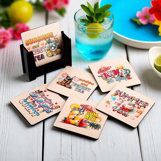 Wooden Coasters Set of 6 with Holder | Summer Beach Coasters for Tea Coffee | Tropical Drink Mats for Table | Eco-Friendly & Reusable | Made in India | Holiday & Vacation Decor Gift