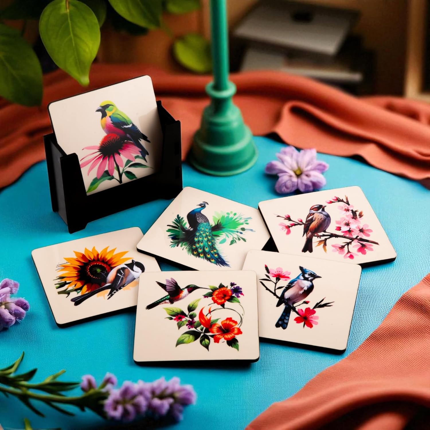 Wooden Coasters Set of 6 with Holder | Floral & Bird Design Tea Coffee Coasters | Nature-Inspired Table Mats for Home & Kitchen | Eco-Friendly | Made in India | Gift for Nature Lovers
