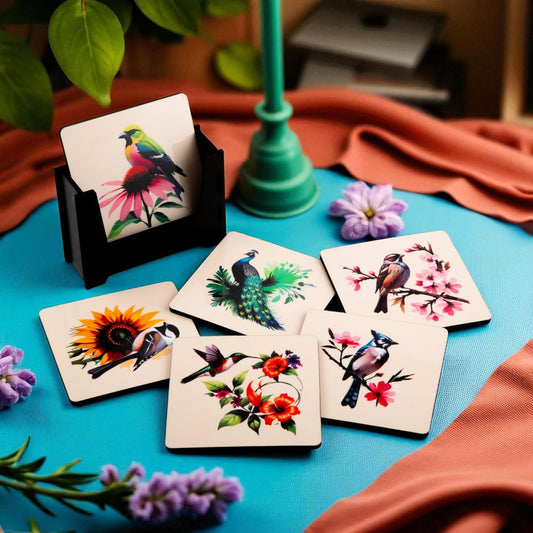 Wooden Coasters Set of 6 with Holder | Floral & Bird Design Tea Coffee Coasters | Nature-Inspired Table Mats for Home & Kitchen | Eco-Friendly | Made in India | Gift for Nature Lovers