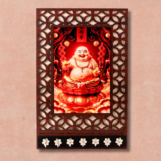 Ramkudi Jhamkudi™ Premium Wooden Laughing Buddha Key Holder for Wall – 2 Layer MDF, 7 Stainless Steel Hooks, Unique Spiritual Design, Home Decor & Gifting – Made in India