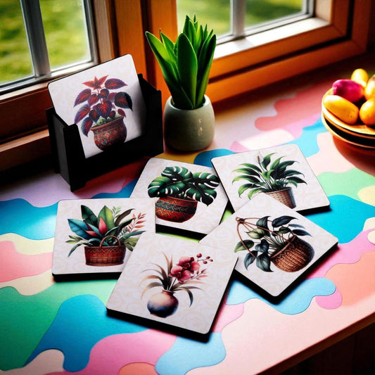 Ramkudi Jhamkudi Wooden Coasters Set of 6 with Holder | Botanical Plant Design Coasters for Tea Coffee Drinks | Eco-Friendly Table Mats | Home Office Décor | Made in India Gift Set