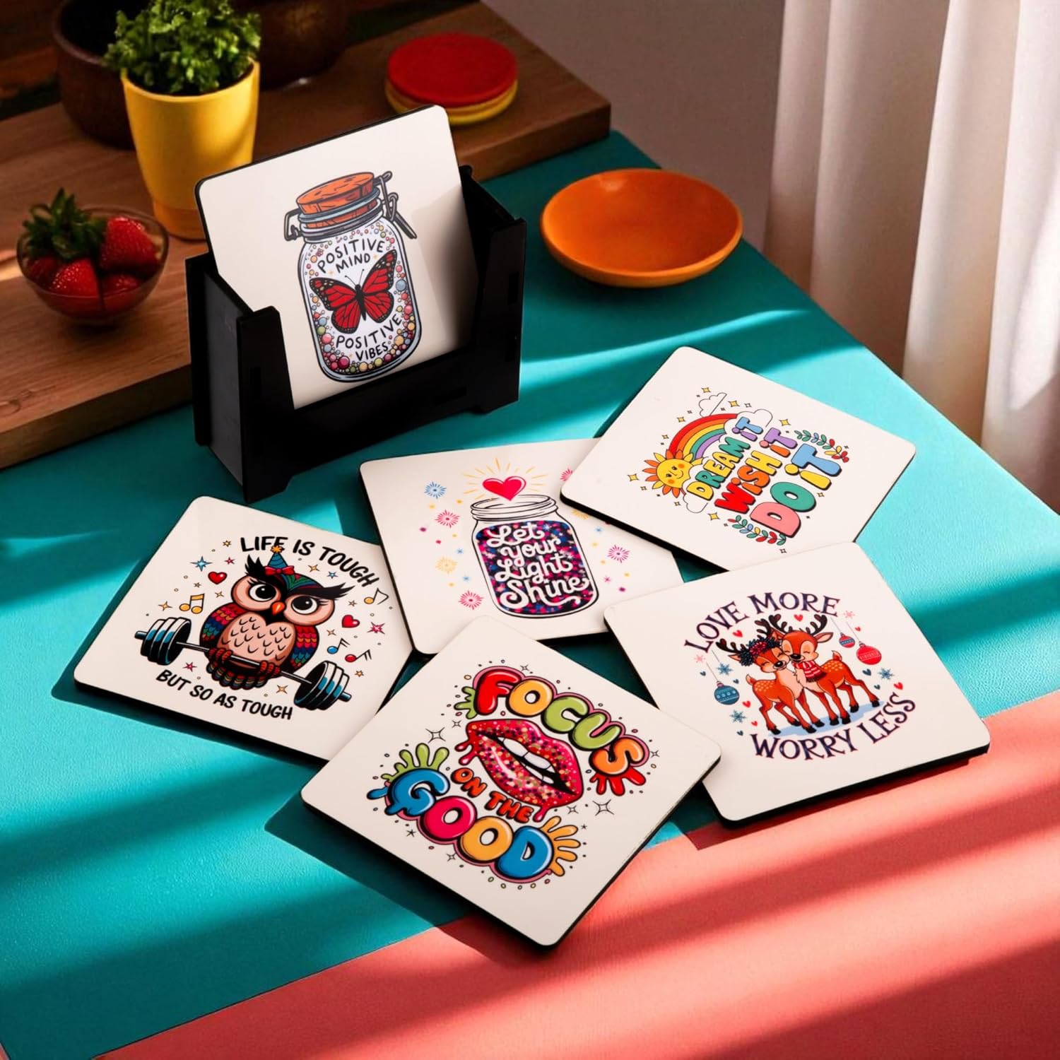 Wooden Coasters Set of 6 with Holder | Positive Quote Coasters for Tea Coffee | Uplifting Table Mats for Home & Office | Eco-Friendly | Made in India | Thoughtful Gift for Daily Inspiration