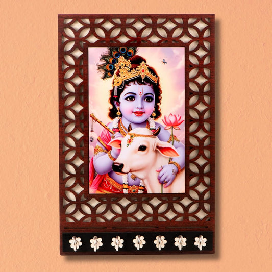 Ramkudi Jhamkudi™ Premium Wooden Krishna with Cow Key Holder for Wall – 2 Layer MDF, 7 Stainless Steel Hooks, Unique Indian Design, Home Decor & Gifting – Made in India