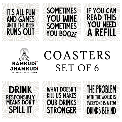 Ramkudi Jhamkudi Wooden Coasters Set of 6 with Drinking Quotes – Printed Bar Coaster Set with Holder – Party & Bar Decor, Eco-Friendly, Made in India – Great for Gifting