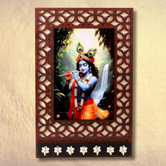 Ramkudi Jhamkudi™ Premium Wooden Krishna Playing Flute Key Holder for Wall – 2 Layer MDF, 7 Stainless Steel Hooks, Unique Indian Design, Home Decor & Gifting – Made in India