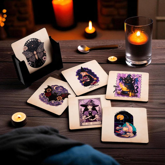 Ramkudi Jhamkudi Wooden Coasters Set of 6 with Spooky Designs – Gothic Printed Coaster Set with Holder – Halloween & Dark Aesthetic Home Decor – Eco-Friendly, Made in India