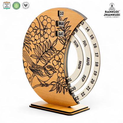 Ramkudi Jhamkudi Wooden Perpetual Calendar for Desk | Floral Print Design | Made in India | Reusable Lifetime Table Calendar for Office, Home, Study, Gifting | Minimal Aesthetic Decor Piece (STYLE B)