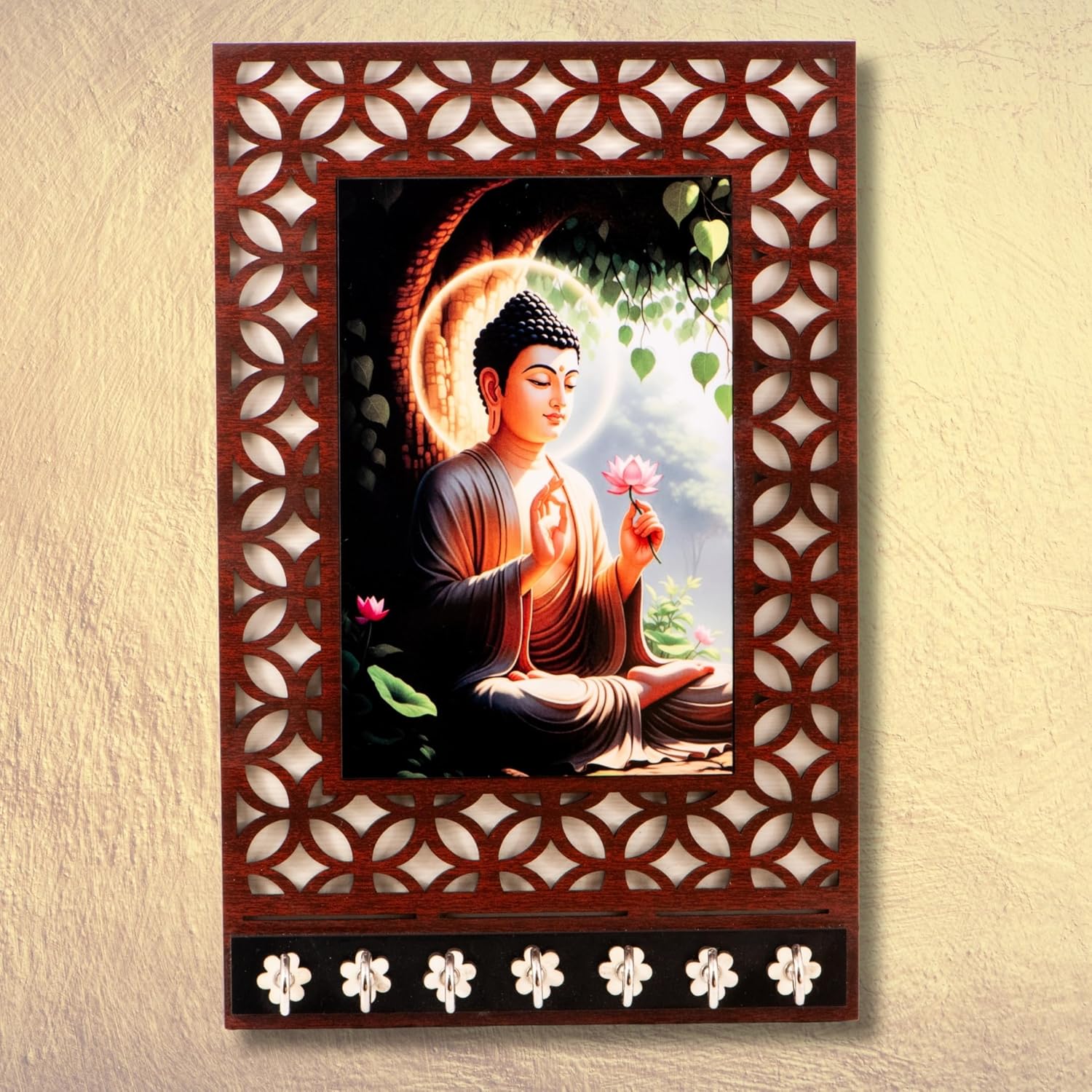 Ramkudi Jhamkudi™ Buddha Serenity Wooden Key Holder – 2 Layer Premium MDF, 7 SS Hooks – Calm & Stylish Wall Décor – Made in India
