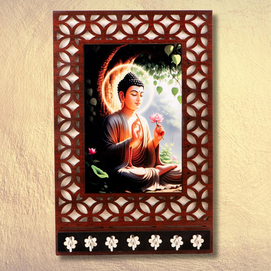 Ramkudi Jhamkudi™ Buddha Serenity Wooden Key Holder – 2 Layer Premium MDF, 7 SS Hooks – Calm & Stylish Wall Décor – Made in India