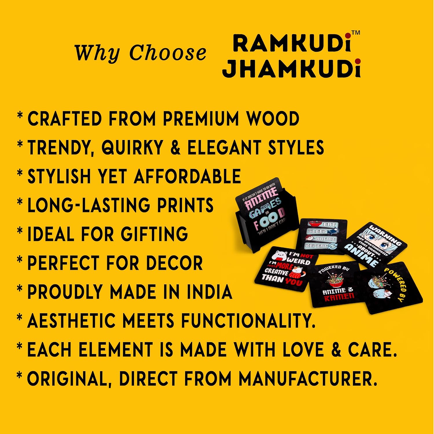 Ramkudi Jhamkudi Wooden Coasters Set of 6 with Anime Designs – Printed Coaster Set with Holder – Otaku Gift, Desk Decor, Eco-Friendly, Made in India