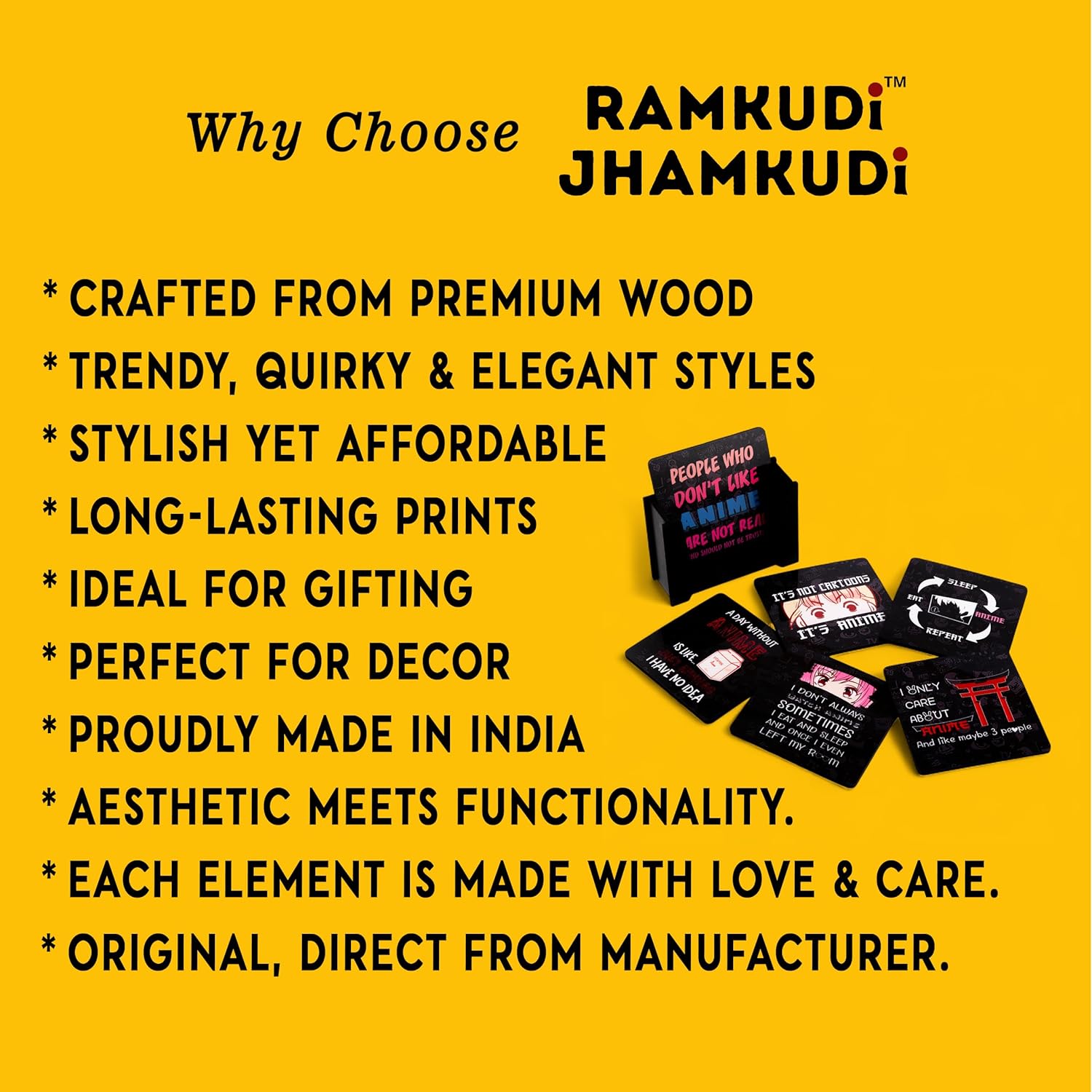 Ramkudi Jhamkudi Anime Wooden Coasters Set of 6 with Holder | Anime Quotes & Designs for Otakus | Stylish Drink Coasters for Tea Coffee | Home Desk Décor | Made in India Gift for Anime Fans