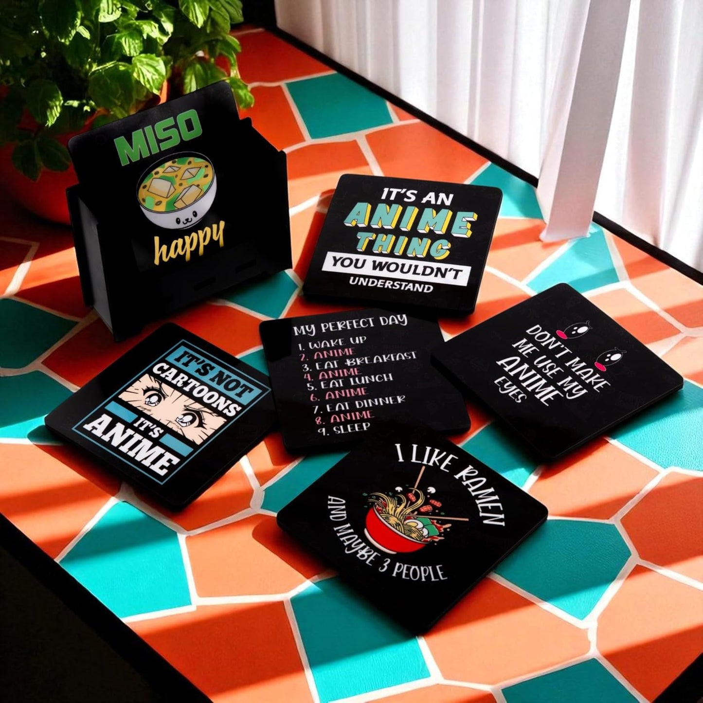 Ramkudi Jhamkudi Wooden Coasters Set of 6 for Anime Lovers – Printed with Iconic Anime Quotes & Designs – Eco-Friendly, Made in India – Otaku Gift, Desk & Room Decor with Holder