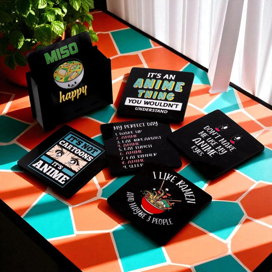 Ramkudi Jhamkudi Wooden Coasters Set of 6 for Anime Lovers – Printed with Iconic Anime Quotes & Designs – Eco-Friendly, Made in India – Otaku Gift, Desk & Room Decor with Holder