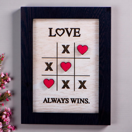 Love Always Wins Mini MDF Decor Frame | Heart & Tic-Tac-Toe Design Decorative Frame for Wall & Table | Cute Romantic Home Decor | Gift for Valentine, Anniversary, Birthday