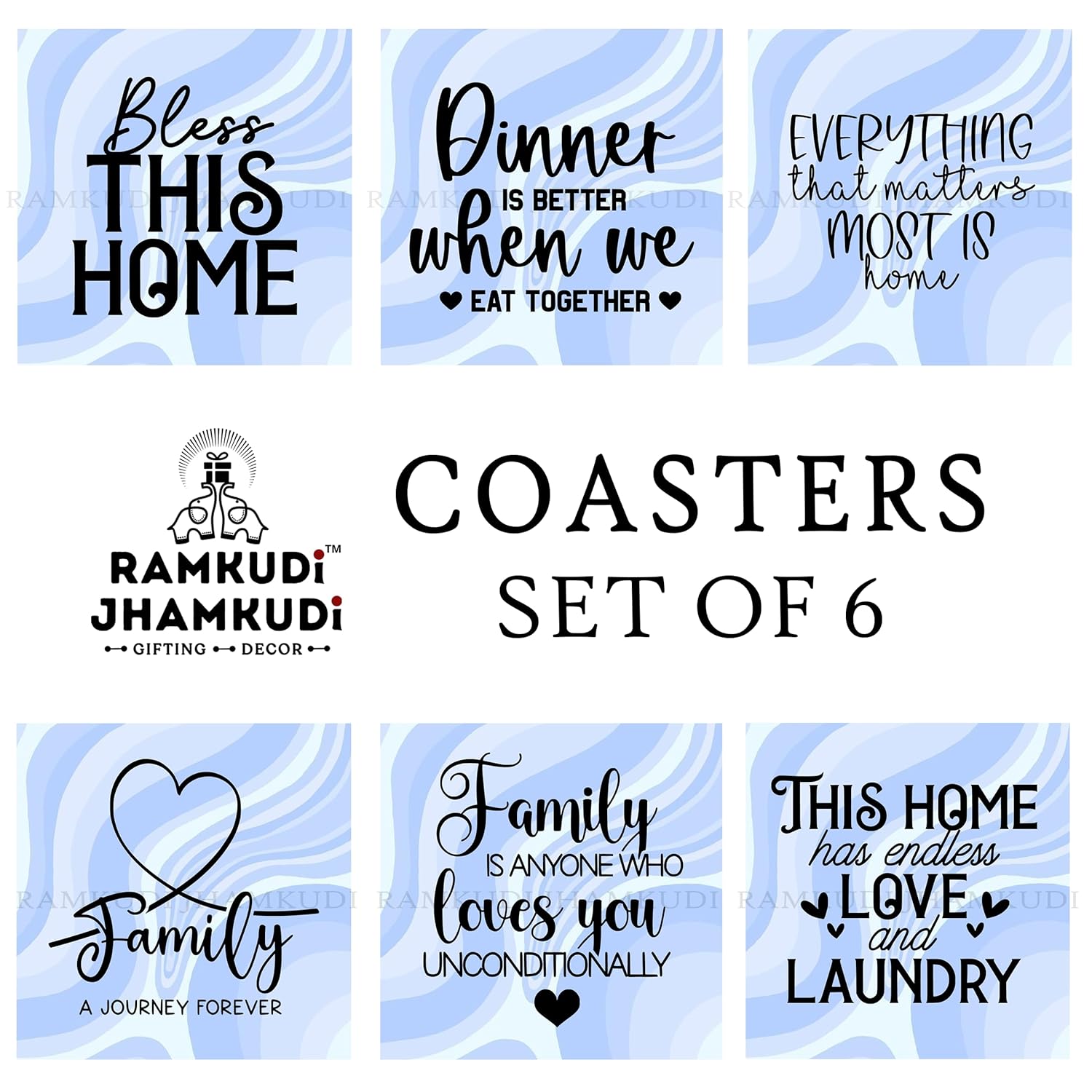 Wooden Coasters Set of 6 with Holder | Home & Family Quote Coasters for Tea Coffee | Heartwarming Drink Mats for Living Room & Dining | Made in India | Gift for Housewarming & Loved Ones